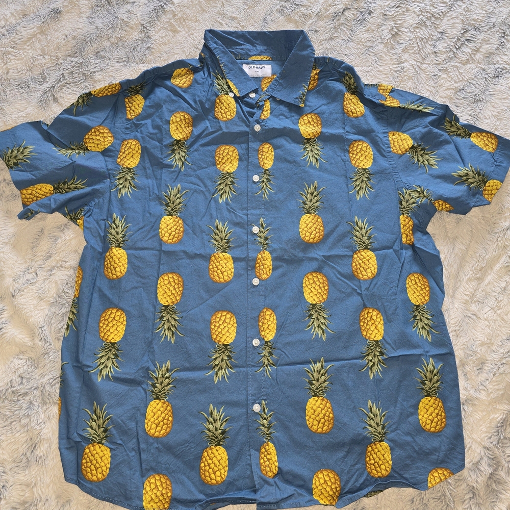 Old Navy Men's Blue Button Up Dress Shirt with Pineapple Design - XXL
